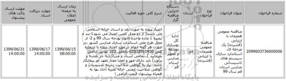 مناقصه عمومی همزمان با ارزیابی (فشرده) یک مرحله ای استاندارد سازی سیستم های تاسیساتی مدارس استان قم سال 99