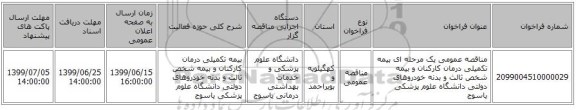 مناقصه عمومی یک مرحله ای بیمه تکمیلی درمان کارکنان و بیمه شخص ثالث و بدنه خودروهای دولتی دانشگاه علوم پزشکی یاسوج