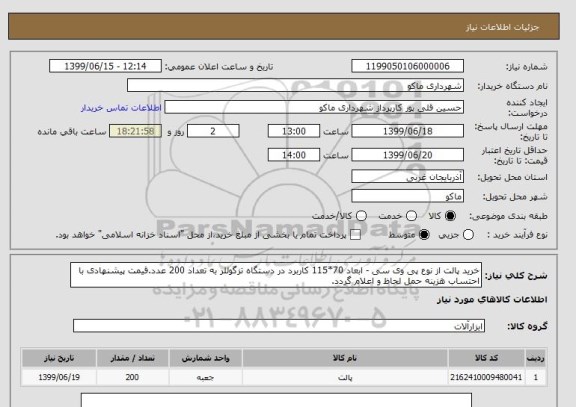 استعلام خرید پالت از نوع پی وی سی - ابعاد 70*115 کاربرد در دستگاه تزگوللر به تعداد 200 عدد.قیمت پیشنهادی با احتساب هزینه حمل لحاظ و اعلام گردد.