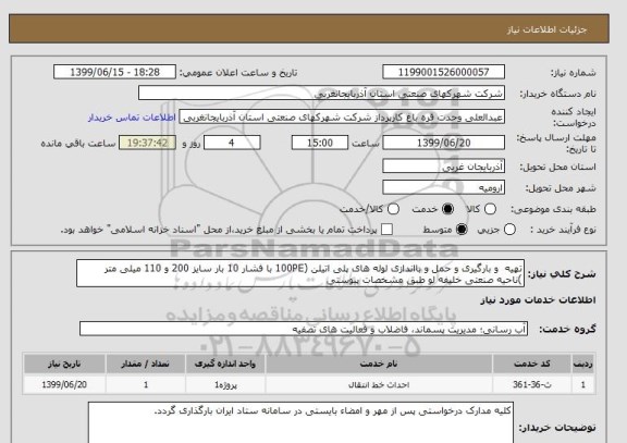 استعلام تهیه  و بارگیری و حمل و بااندازی لوله های پلی اتیلن (100PE با فشار 10 بار سایز 200 و 110 میلی متر )ناحیه صنعتی خلیفه لو طبق مشخصات پیوستی