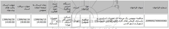 مناقصه عمومی یک مرحله ای تعمیرات اساسی و بازسازی گرمکن های گازی (هیتر)نواحی شهرستان شهریار و شهر قدس