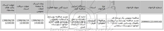 مناقصه عمومی یک مرحله ای تجدید مناقصه بهسازی و آسفالت راههای روستایی همت آباد و خوخورا شهرستان سلماس