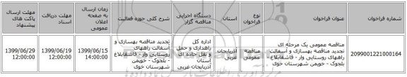 مناقصه عمومی یک مرحله ای تجدید مناقصه بهسازی و آسفالت راههای روستایی وار - قاشقابلاغ - بلجوک - خویمن شهرستان خوی