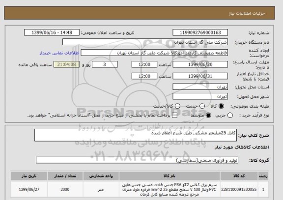 استعلام کابل 25میلیمتر مشکی طبق شرح اعلام شده 