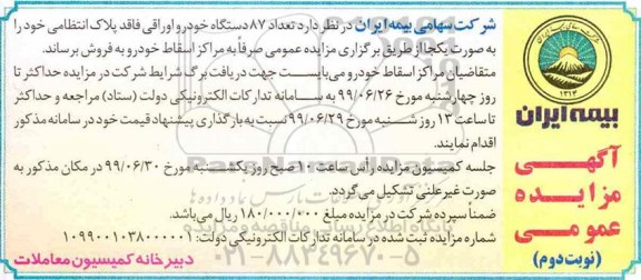مزایده، مزایده فروش تعداد 87 دستگاه خودرو اوراقی - نوبت دوم