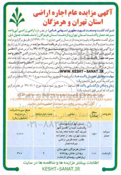 آگهی مزایده, مزایده اجاره اراضی