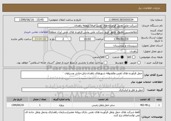 استعلام حمل فرآورده های نفتی مکشوفه شهرهای زاهدان-زابل-خاش وسراوان