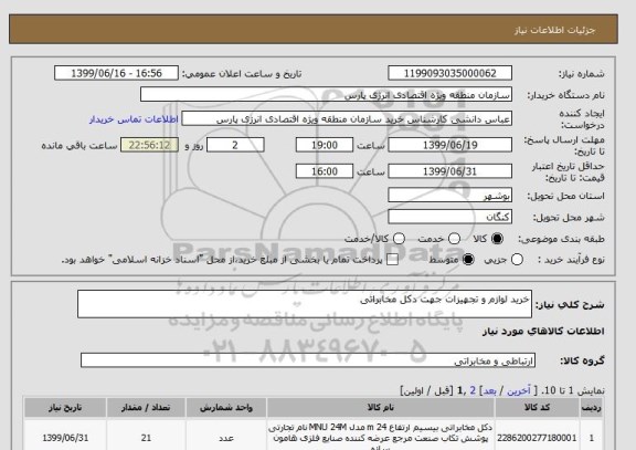 استعلام خرید لوازم و تجهیزات جهت دکل مخابراتی