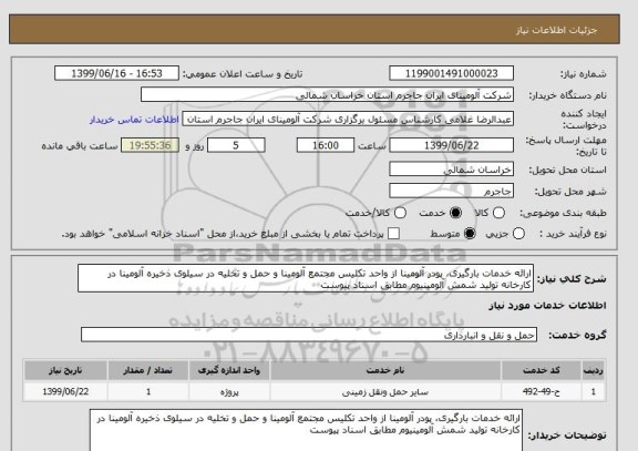 استعلام ارائه خدمات بارگیری، پودر آلومینا از واحد تکلیس مجتمع آلومینا و حمل و تخلیه در سیلوی ذخیره آلومینا در کارخانه تولید شمش آلومینیوم مطابق اسناد پیوست