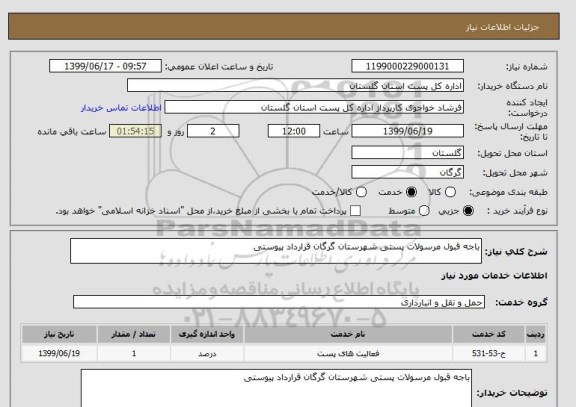 استعلام باجه قبول مرسولات پستی شهرستان گرگان قرارداد پیوستی