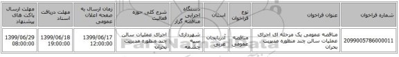 مناقصه عمومی یک مرحله ای اجرای عملیات سالن چند منظوره مدیریت بحران