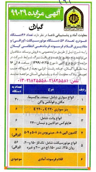 مزایده , مزایده تعداد 46 دستگاه خودرو، تعداد 56 دستگاه موتورسیکلت