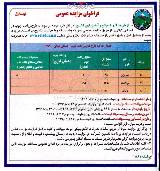مزایده ،مزایده عرصه مربوط به طرح زراعت چوب