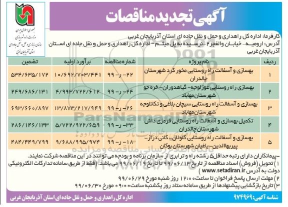تجدید مناقصات، تجدید مناقصات بهسازی و آسفالت راه روستایی  ...