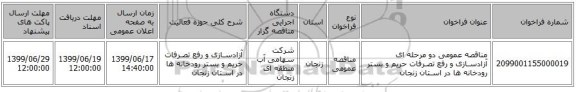 مناقصه عمومی دو مرحله ای آزادسـازی و رفع تصـرفات حریم و بستر رودخانه ها در اسـتان زنجان