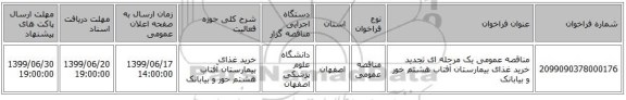 مناقصه عمومی یک مرحله ای  تجدید خرید غذای بیمارستان آفتاب هشتم خور و بیابانک
