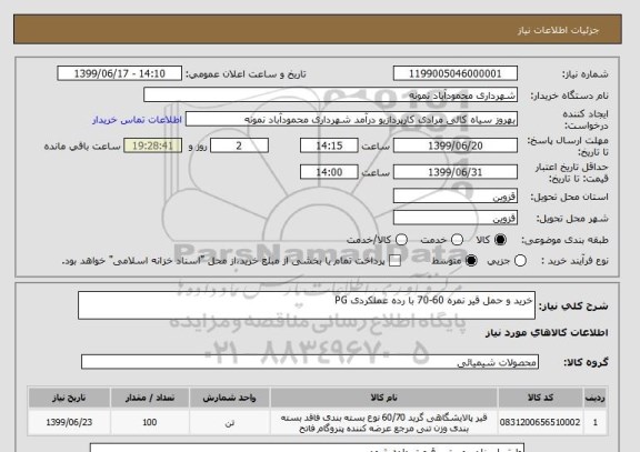 استعلام خرید و حمل قیر نمره 60-70 با رده عملکردی PG