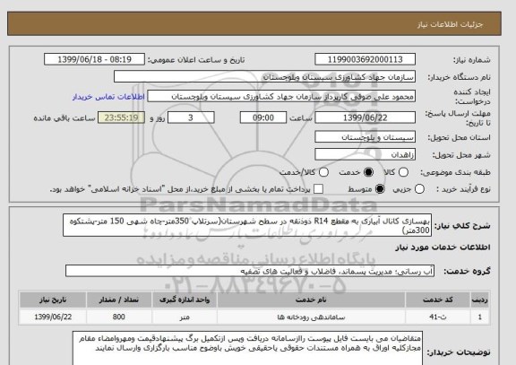 استعلام بهسازی کانال آبیاری به مقطع R14 ذوذنقه در سطح شهرستان(سرتلاپ 350متر-چاه شهی 150 متر-پشتکوه 300متر)