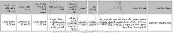 مناقصه عمومی یک مرحله ای خرید لوله یو پی وی سی(UPVC)- 14 اینچ استاندارد 4 متری مشبک به طول 160 متر و  لوله یو پی وی سی(UPVC)- 14 اینچ استاندارد 4 متری