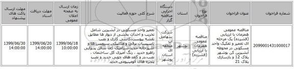 مناقصه عمومی همزمان با ارزیابی (فشرده) یک مرحله ای تعمیر و تفکیک واحد مسکونی در محوطه آبشیرین کن بوشهر پلاک 12 و بازسازی پلاک 21