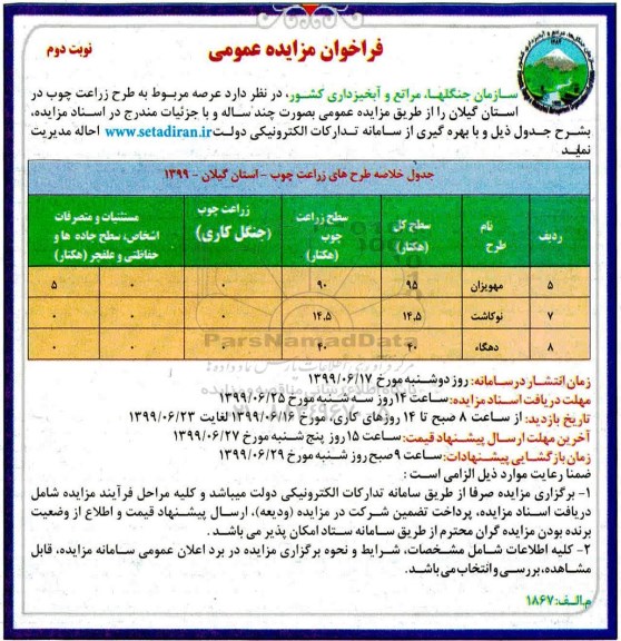 مزایده، مزایده عرصه مربوط به طرح زراعت چوب  - نوبت دوم