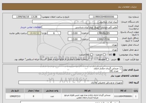 استعلام صندلی گردان جکدار اداری
تعداد (8) 
(هزینه حمل به عهده تامین کننده می باشد)