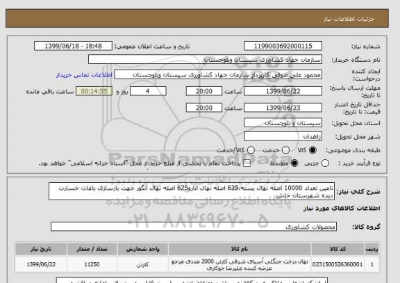 استعلام تامین تعداد 10000 اصله نهال پسته،625 اصله نهال انارو625 اصله نهال انگور جهت بازسازی باغات خسارت دیده شهرستان خاش