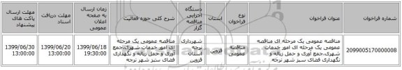 مناقصه عمومی یک مرحله ای مناقصه عمومی یک مرحله ای  امور خدمات شهری،جمع آوری و حمل زباله و نگهداری فضای سبز شهر نرجه