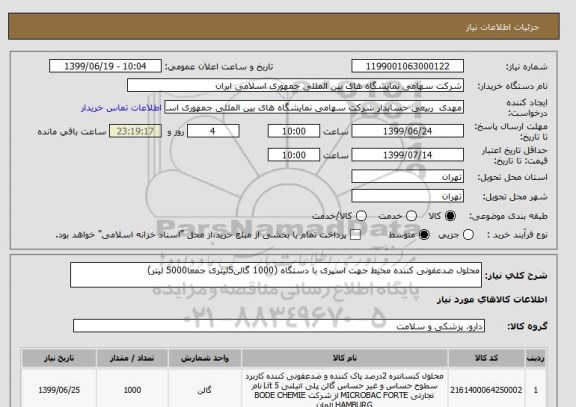 استعلام محلول ضدعفونی کننده محیط جهت اسپری با دستگاه (1000 گالن5لیتری جمعا5000 لیتر)