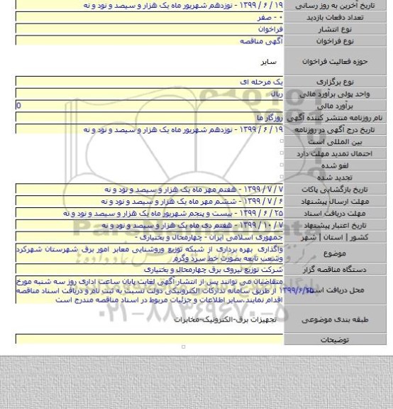 واگذاری بهره  برداری از شبکه توزیع وروشنایی معابر امور برق شهرستان شهرکرد وشعب تابعه بصورت خط سرد وگرم