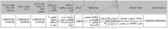 مناقصه عمومی همزمان با ارزیابی (فشرده) یک مرحله ای اجرای کارهای باقی مانده مخزن 10000 متر مکعبی آب شهر پرند R