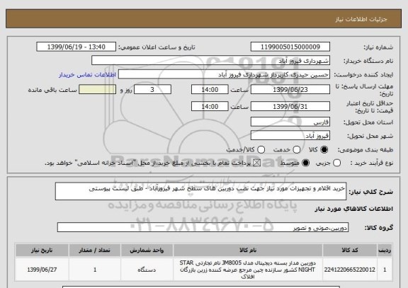 استعلام خرید اقلام و تجهیزات مورد نیاز جهت نصب دوربین های سطح شهر فیروزآباد - طبق لیست پیوستی
