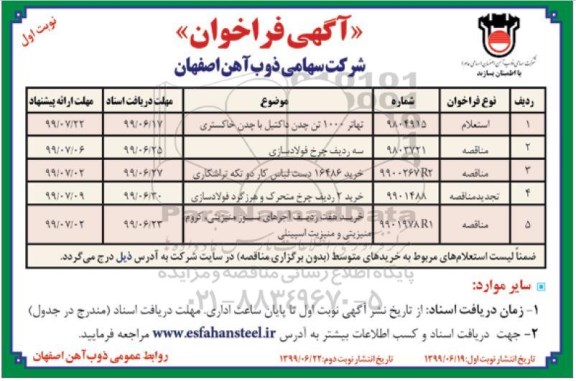 مناقصه، مناقصه تهاتر 1000 تن چدن داکتیل با چدن خاکستری... 