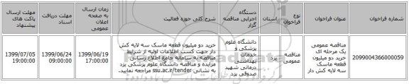 مناقصه عمومی یک مرحله ای خرید دو میلیون قطعه ماسک سه لایه کش دار