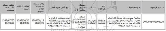 مناقصه عمومی یک مرحله ای انجام عملیات بارگیری و حمل بوکسیت های کم عیار در دپو و انتقال آن بعد از سرند به دپوی مربوطه