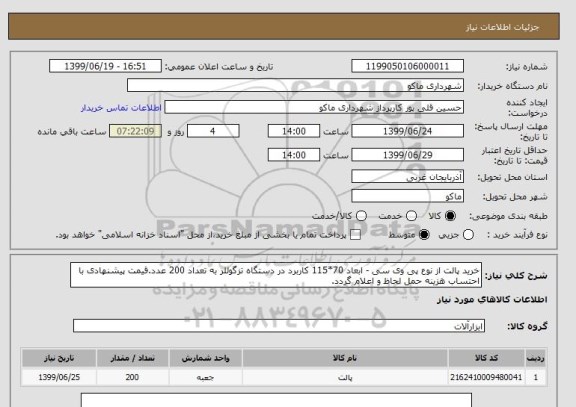 استعلام خرید پالت از نوع پی وی سی - ابعاد 70*115 کاربرد در دستگاه تزگوللر به تعداد 200 عدد.قیمت پیشنهادی با احتساب هزینه حمل لحاظ و اعلام گردد.