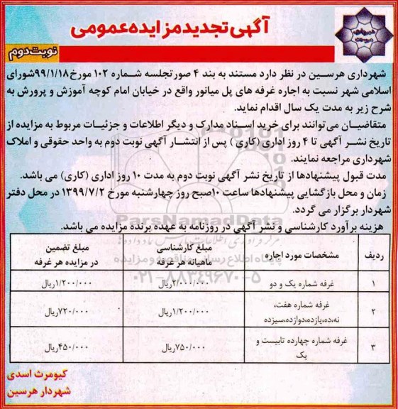 آگهی تجدید مزایده عمومی , مزایده اجاره غرفه های... تجدید - نوبت دوم