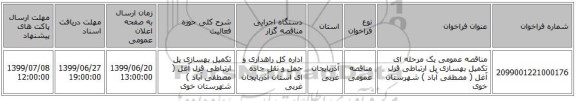 مناقصه عمومی یک مرحله ای تکمیل بهسازی پل ارتباطی قزل آغل ( مصطفی آباد ) شهرستان خوی