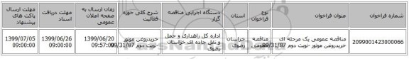 مناقصه عمومی یک مرحله ای  خریدروغن موتور -نوبت دوم 99/31/87