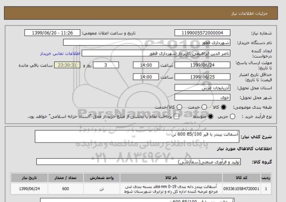استعلام آسفالت بیندر با قیر 85/100 600 تن