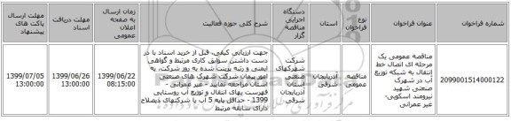 مناقصه عمومی یک مرحله ای اتصال خط انتقال به شبکه توزیع آب در شهرک صنعتی شهید نیرومند اسکویی- غیر عمرانی