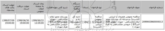 مناقصه عمومی همزمان با ارزیابی (فشرده) دو مرحله ای بهسازی محور ایلام-ملکشاهی - مهران کیلومتر 6/8 الی9/5 ( خروجی ملکشاهی به طرف مهران )
