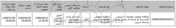 مناقصه عمومی همزمان با ارزیابی (فشرده) دو مرحله ای تکمیل واریانت چشمه شیرین