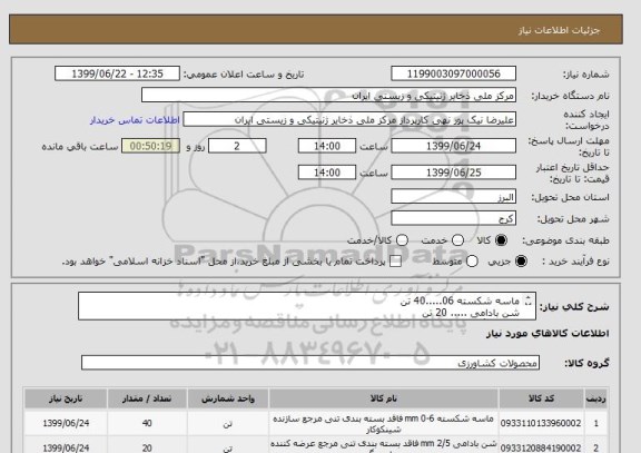استعلام ماسه شکسته 06.....40 تن
شن بادامی ..... 20 تن
قلوه سنگ رودخانه ای ..... 40 تن
ماسه بادی ....420 تن