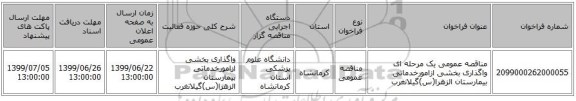 مناقصه عمومی یک مرحله ای واگذاری بخشی ازامورخدماتی بیمارستان الزهرا(س)گیلانغرب
