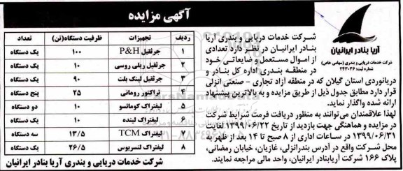 آگهی مزایده,مزایده  تعدادی از اموال مستعمل و ضایعاتی شامل جرثقیل و ...