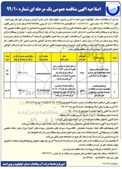 اصلاحیه مناقصه عمومی , اصلاحیه مناقصه پروژه اجرای بخش سیویل تصفیه خانه فاضلاب...