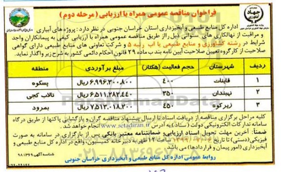 فراخوان مناقصه , مناقصه پروژه های آبیاری و مراقبت از نهالکاری های سنواتی مرحله دوم  