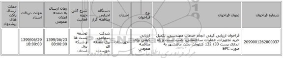 فراخوان ارزیابی کیفی انجام خدمات مهندسی، تکمیل خرید تجهیزات، عملیات ساختمانی، نصب، تست و راه اندازی پست 33/ 132 کیلوولت بعثت ماهشهر به صورت EPC