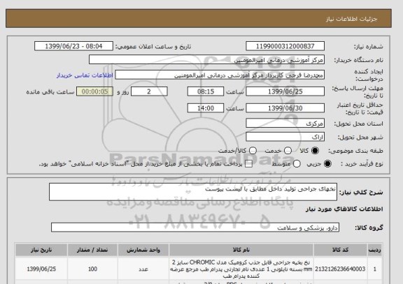 استعلام نخهای جراحی تولید داخل مطابق با لیست پیوست 